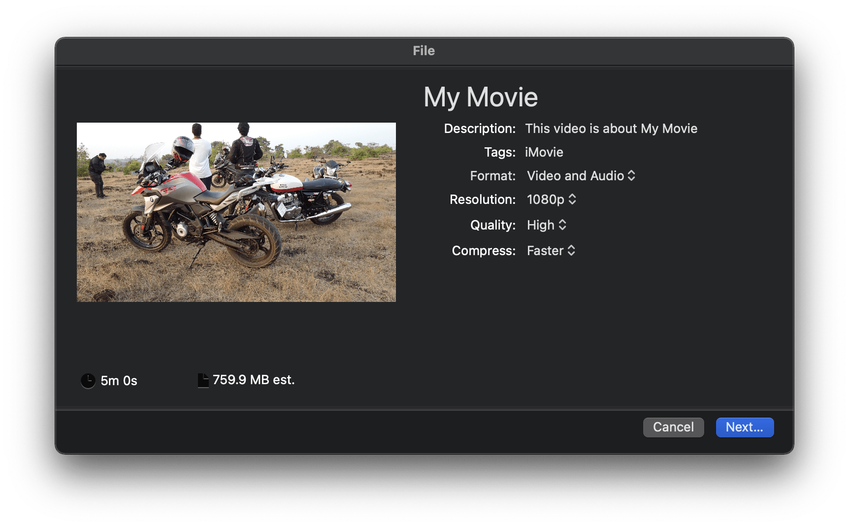 تنظیمات خروجی iMovie
