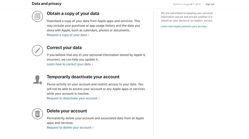 صفحه مربوط به اطلاعات و حریم شخصی در وب سایت اپل