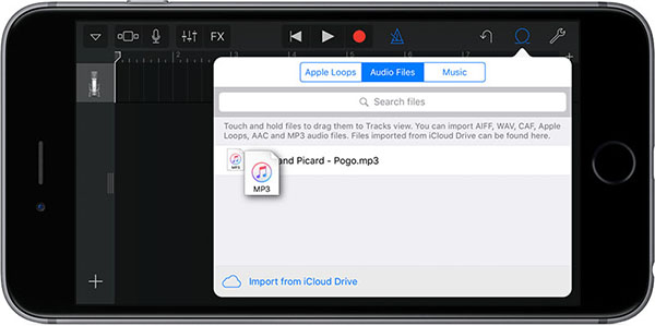 انتخاب آیکون loop برای وارد کردن موزیک مورد نظر در اپلیکیشن GarageBand