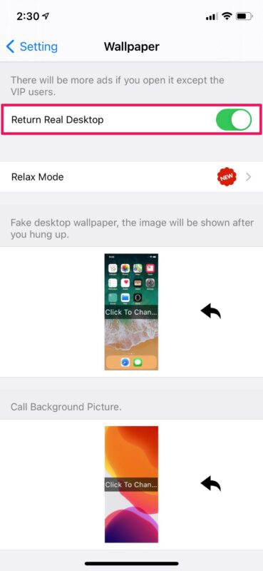 صفحه تنظیمات والپیپر اپلیکیشن Fake Call Plus