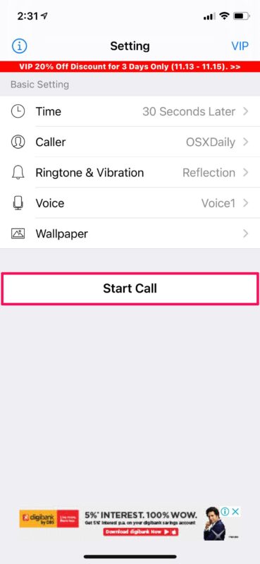 صفحه تنظیمات اپلیکیشن Fake Call Plus