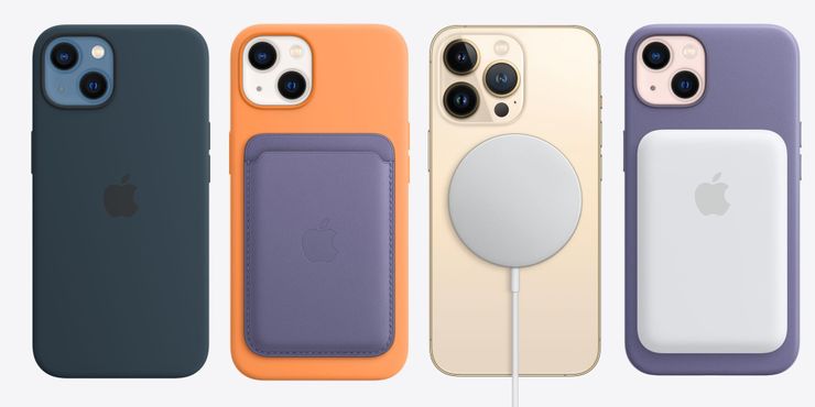 محصولات MagSafe از راست: باتری پک اپل، شارژر بی‌سیم، کیف کارت اپل، قاب محافظ مگ سیف