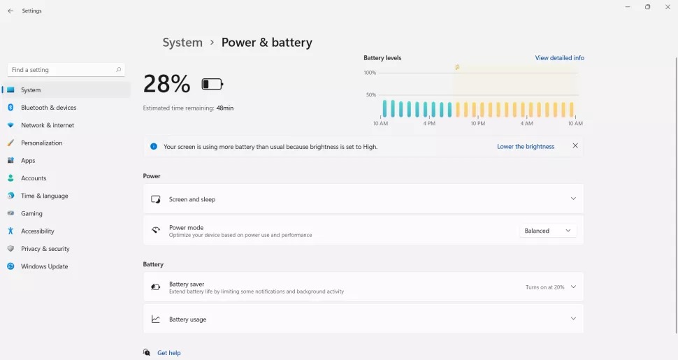 نمایی از قسمت Power & Battery در Windows 11
