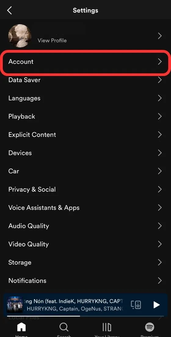 بخش Account در تنظیمات Spotify