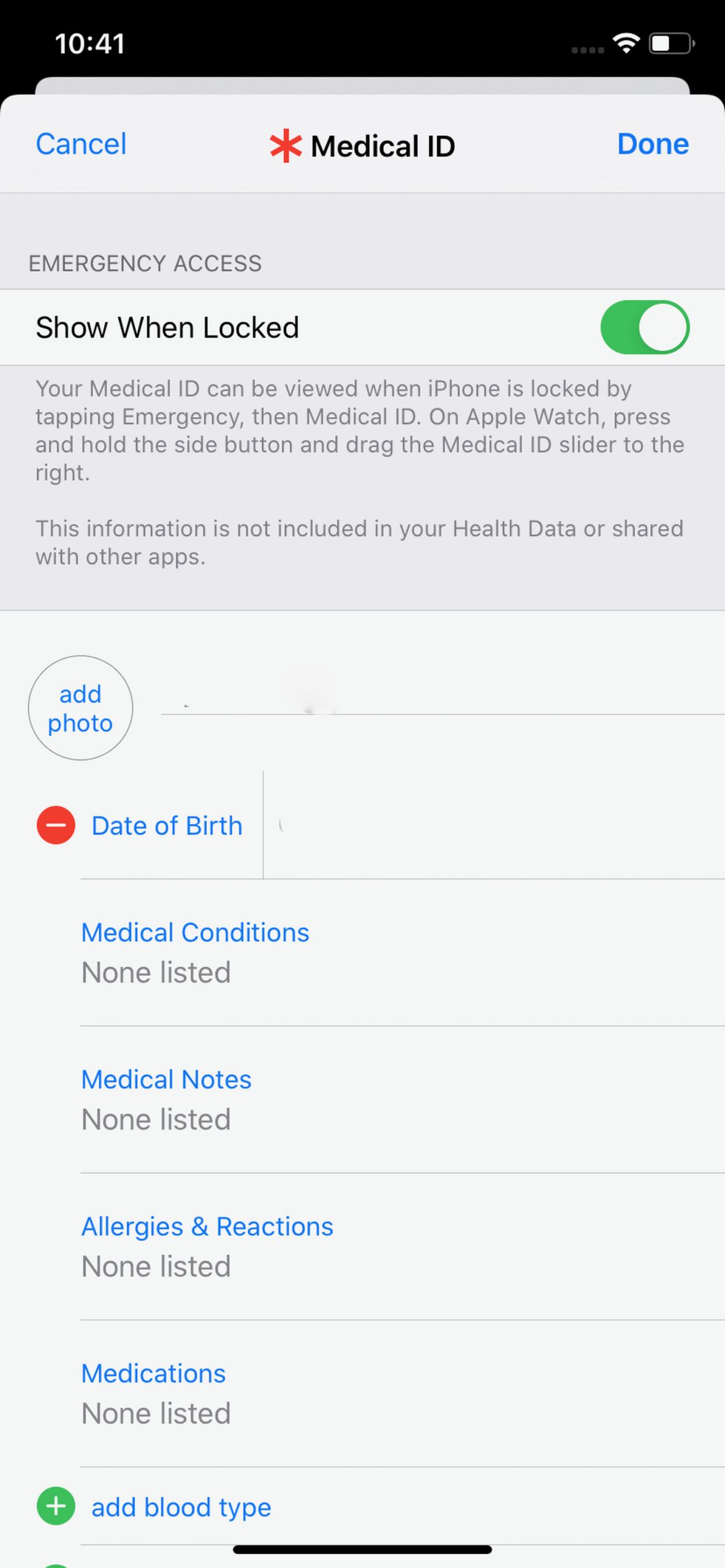 وارد کردن اطلاعات Medical ID