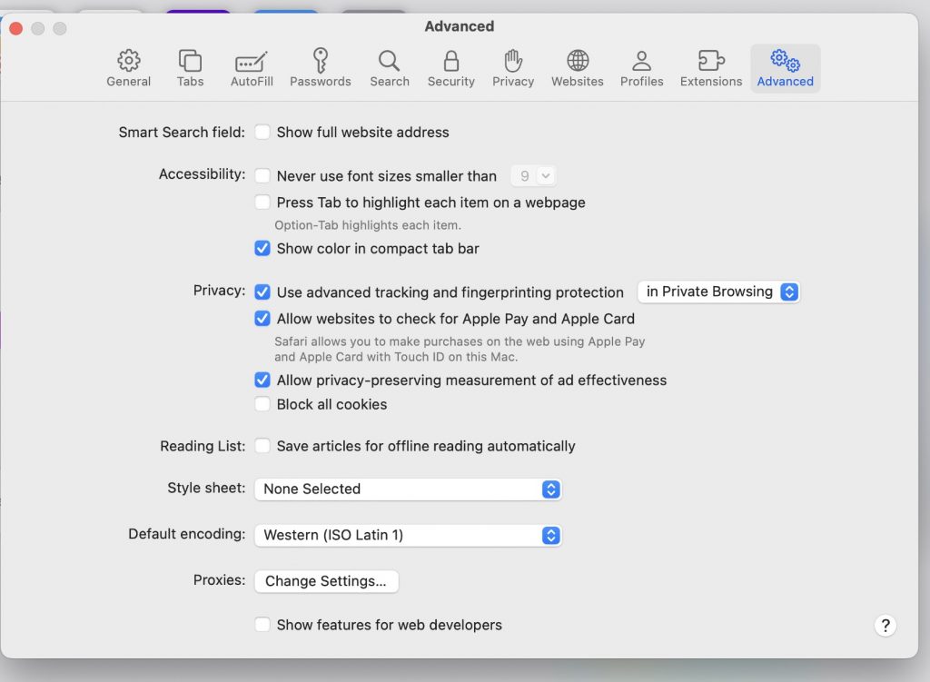 تب Advanced در تنظیمات Safari مک