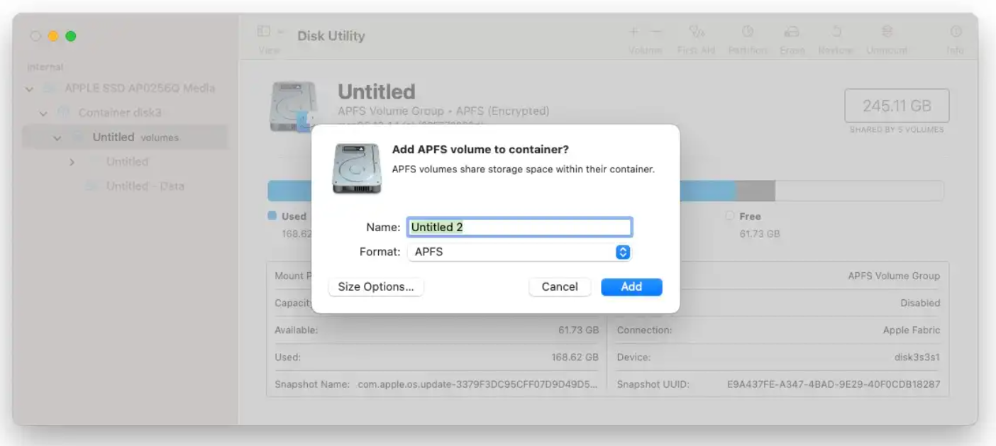 تنظیمات مربوط به APFS