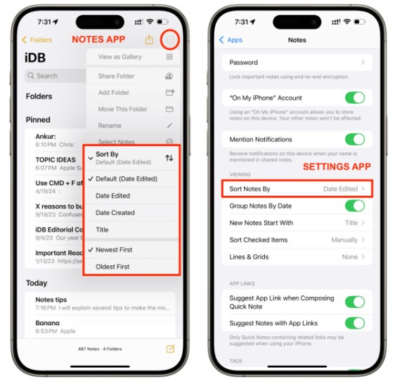 تنظیمات دسته بندی برنامه نوت آیفون
