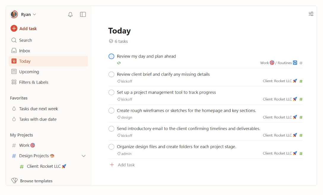 رابط کاربری پلتفرم Todoist