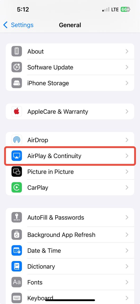 گزینه AirPlay & Continuity در آیفون