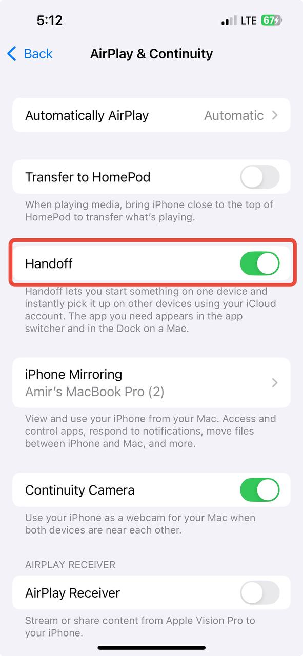 گزینه Handoff