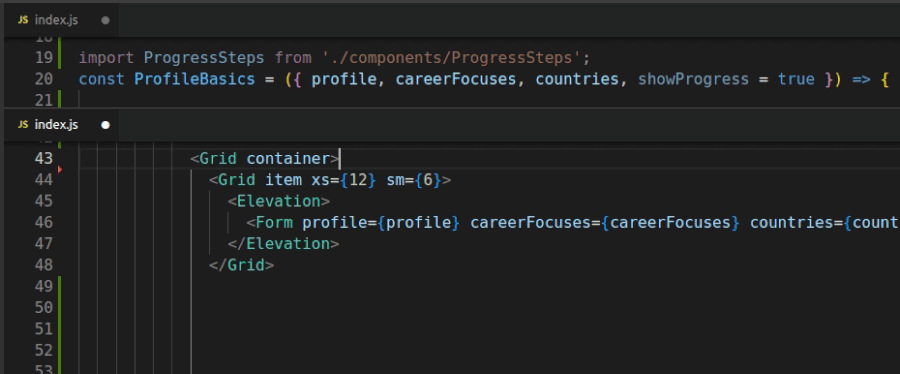 نمایشی از محیط VSCode که نشان می‌دهد چگونه GitHub Copilot با پیشنهاد الگوی Grid از MaterialUI و نمایش شرطی در React، به کدنویسی سریع‌تر و هوشمندانه‌تر کمک می‌کند.
