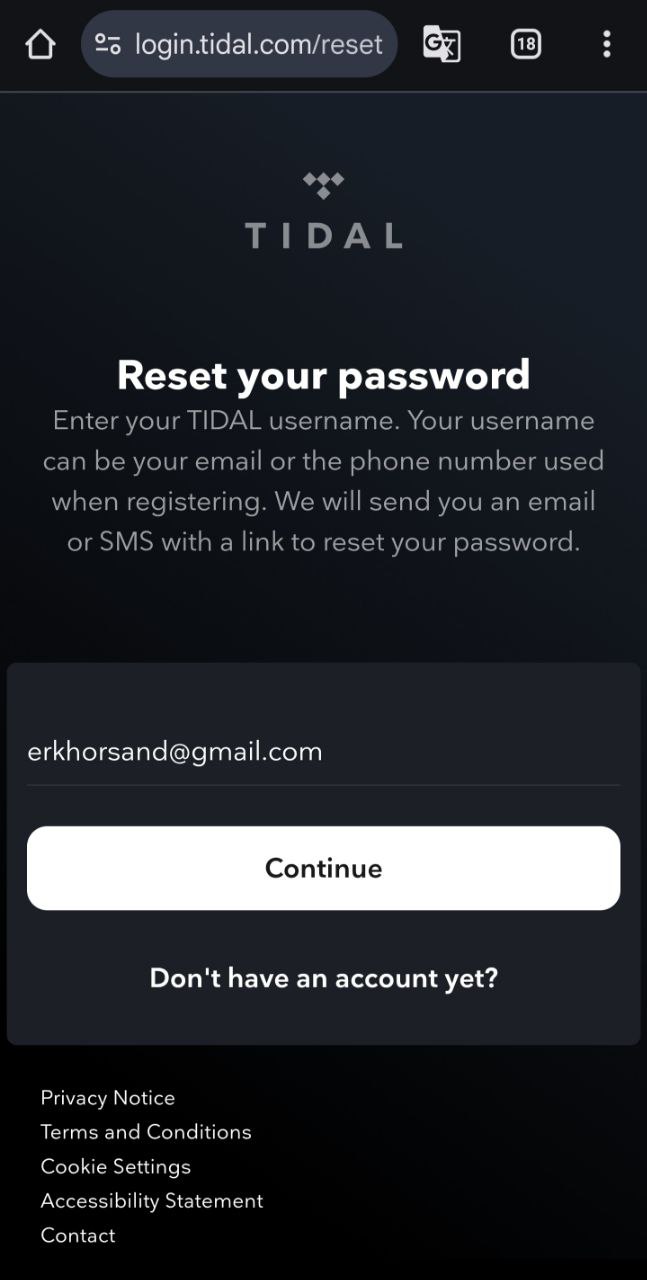 ریست پسورد Tidal با موبایل