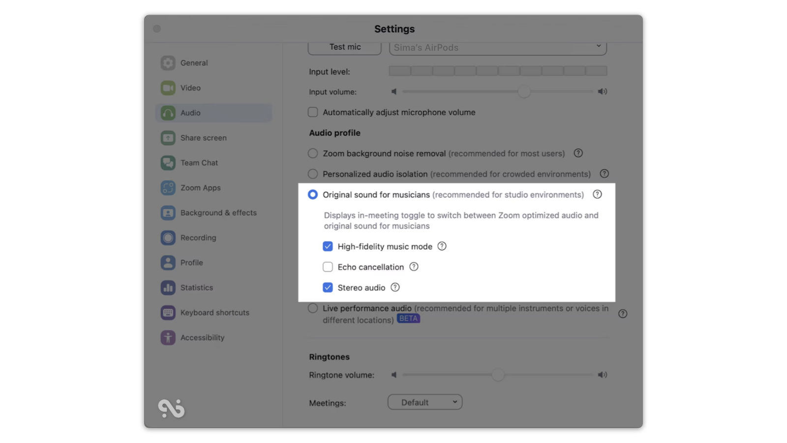 تنظیمات هدفون و صدا در Zoom