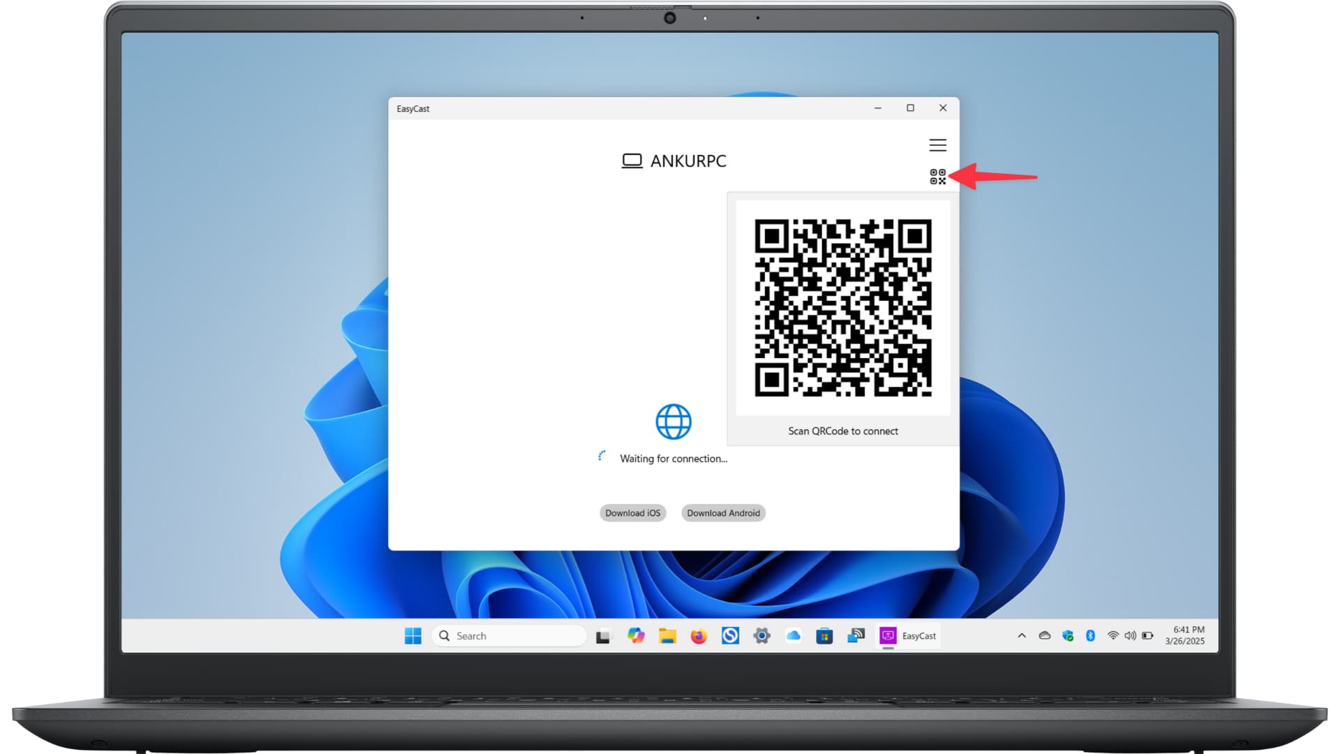 کد QR در برنامه EastCast روی کامپیوتر ویندوزی