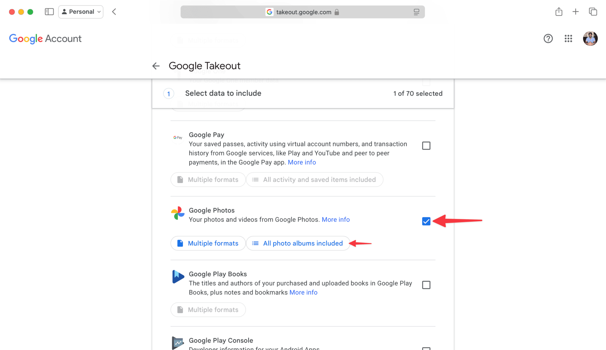 تیک Google Photos را بزنید تا اطلاعات آن در گوگل Takeout برای خروجی گرفتن انتخاب شود.