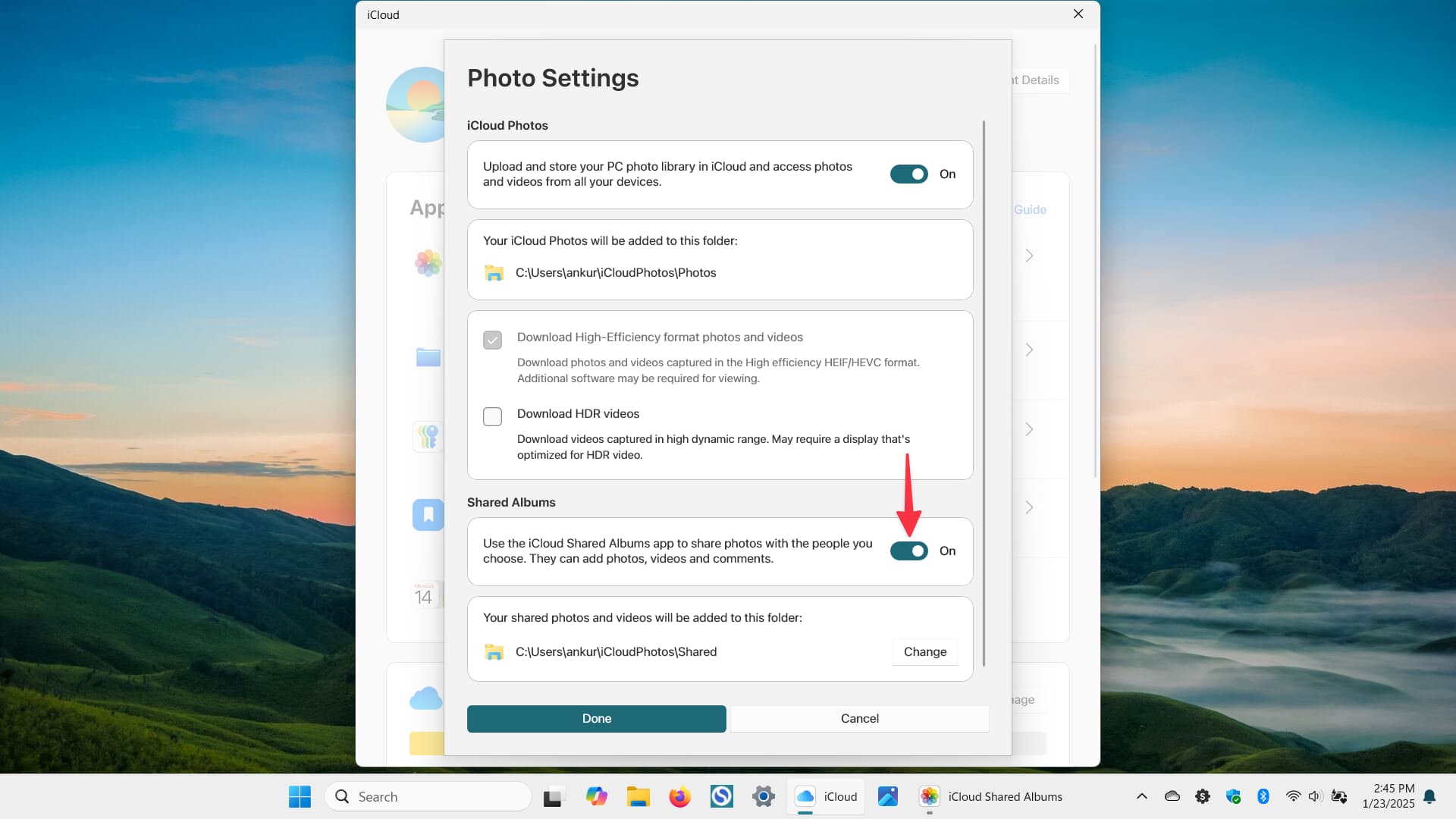فعال کردن Shared Album در تنظیمات اپ iCloud روی رایانه ویندوزی