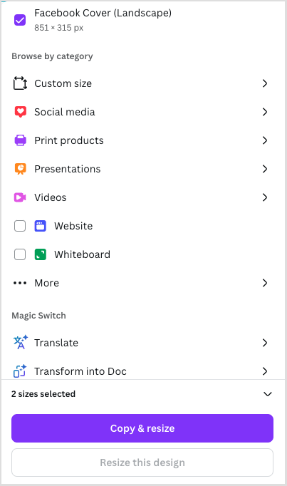 ابزار Resize & Magic Switch  یکی از ویژگی‌های کلیدی Canva Pro
