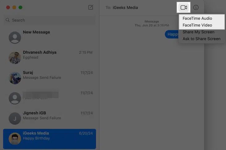 برای شروع تماس ویدیویی FaceTime روی مک، روی آیکون ویدیو در چت برنامه Messages کلیک کنید