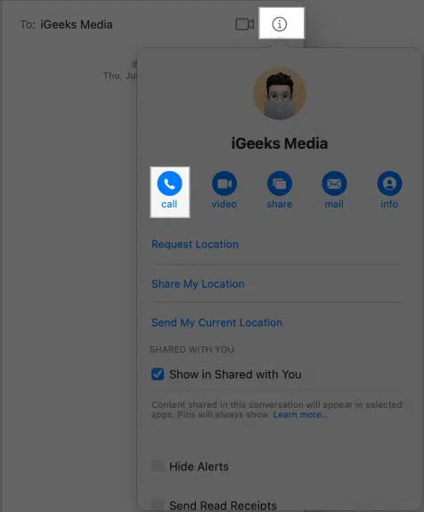 روی آیکون i در یک مکالمه کلیک کرده و گزینه Call را در برنامه Messages انتخاب کنید