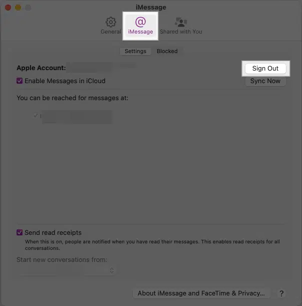 روی گزینه Sign Out از تب iMessage در تنظیمات برنامه Messages روی مک کلیک کنید
