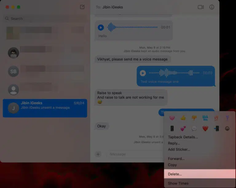 پس از راست‌کلیک روی یک پیام در برنامه Messages روی مک، گزینه Delete را انتخاب کنید