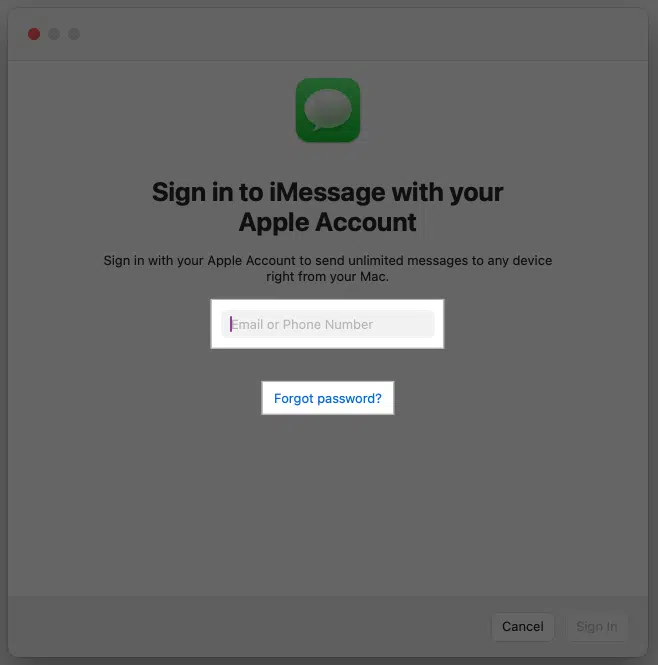 پنجره ورود به iMessage با حساب Apple روی مک