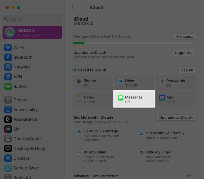 کلیک روی Messages در تنظیمات iCloud روی مک