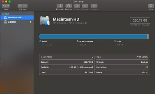 پنجره Disk Utility به این شکل خواهد بود