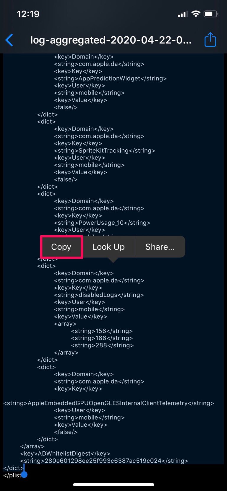 کپی کردن متن لاگ آیفون و پیدا کردن سایکل باتری