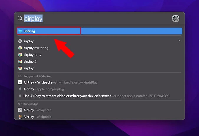 جست‌وجوی گزینه Sharing و فعال کردن Airplay روی مک